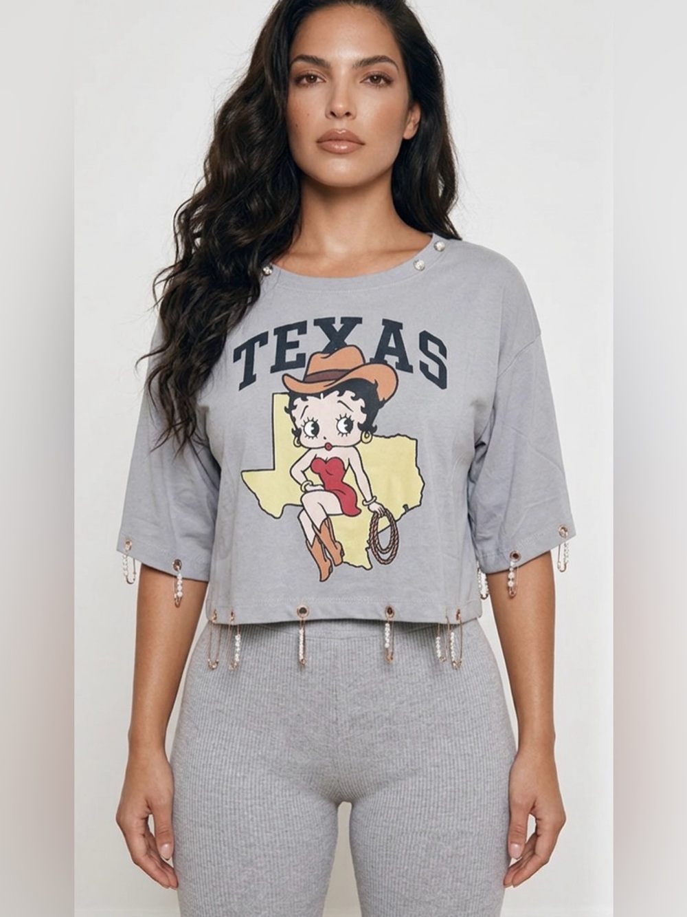 Upcycled groomet and pin Gray Betty Boop 'Texas' Cropped Top size L